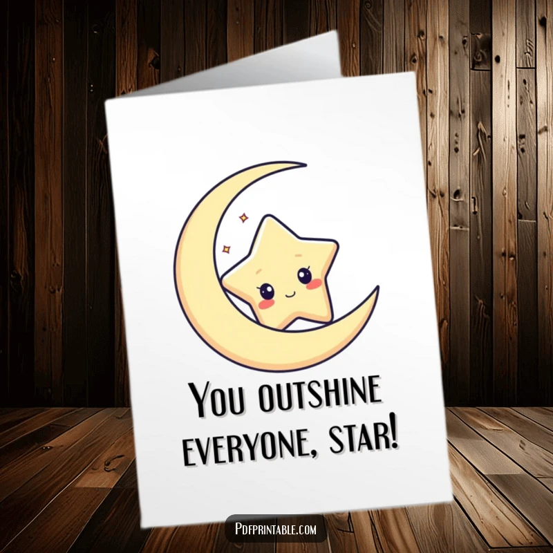 Funny free printable congratulations card featuring a curious star peeking from behind a crescent moon, celebrating achievement.
