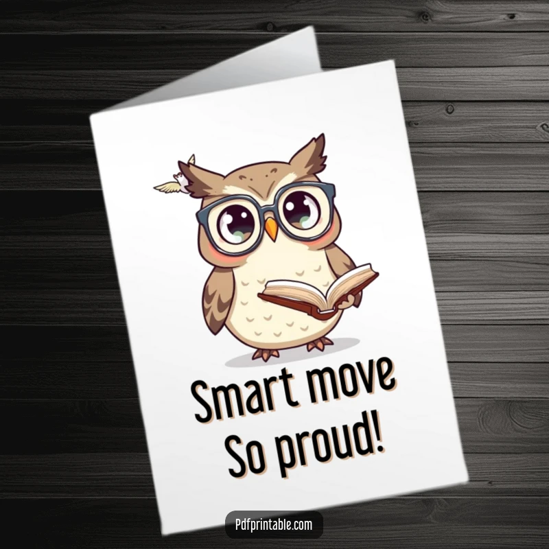 Funny Free Printable congratulations card: a surprised owl in glasses observes a flying book, marveling at an accomplishment with humor.