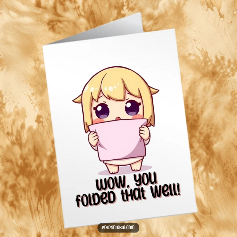 Funny Free Printable Congratulations Card: A character looks surprised holding a perfectly folded shape, celebrating an amazing accomplishment, downloadable.