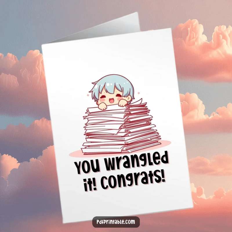 Funny Free Printable Congratulations Card: Character emerging victorious from a massive pile of papers, celebrating a win.