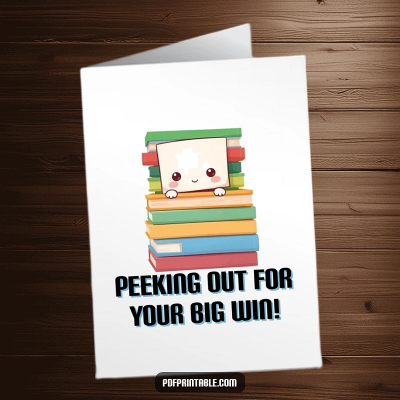 Funny Free Printable Congrats Card: Paper character peeks from colorful pages, sharing congratulations with a humorous element.