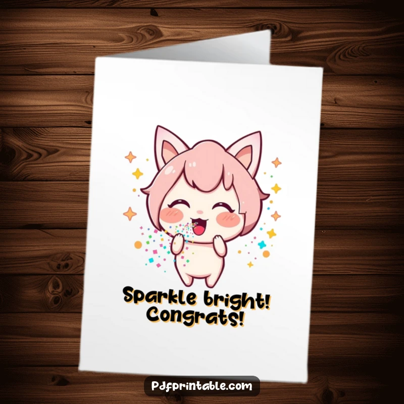 Funny Free Printable Congrats Card: Happy Kawaii character blows a stream of colorful glitter, celebrating success with sparkle.