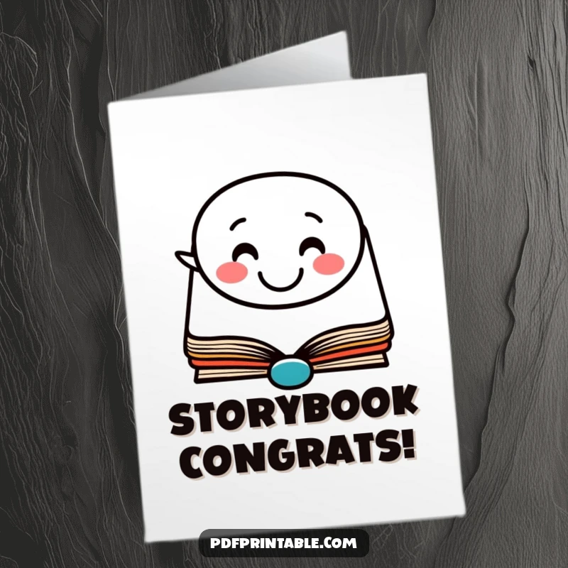 Funny Free Printable Congratulations Card: Happy book character with a speech bubble exclaiming a smiling face for a success story.