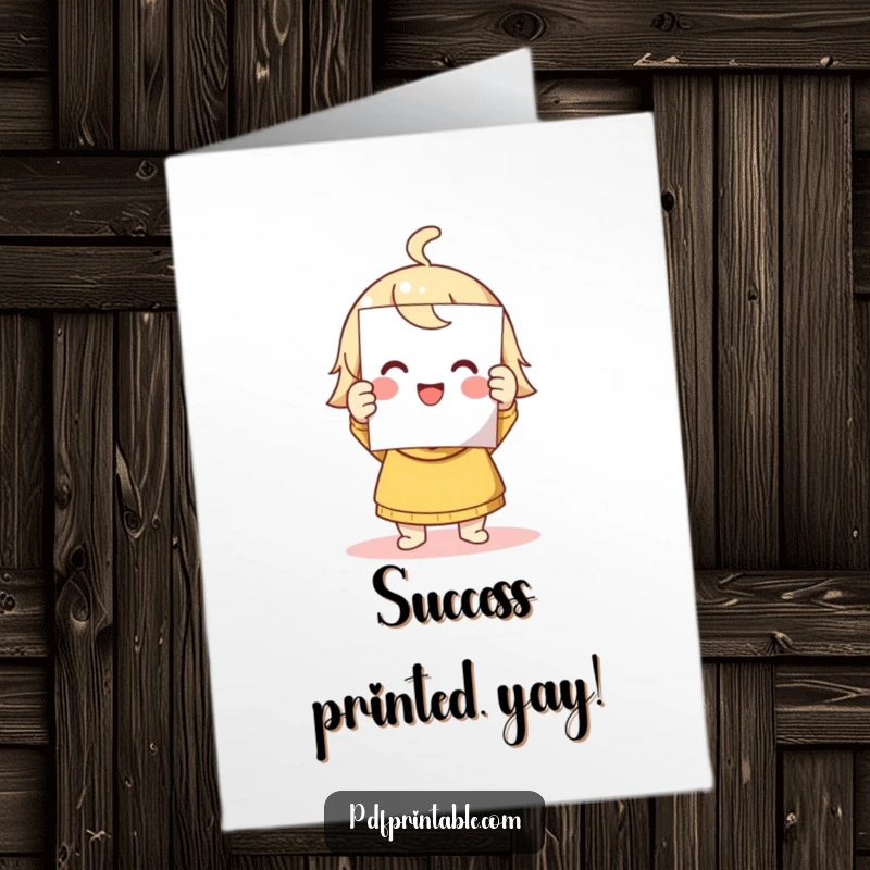 Funny Free Printable Congratulations Card with a cute character smiling triumphantly, holding up a freshly printed page they made.