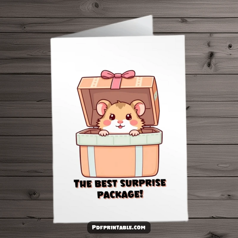 Funny Free Printable Congratulations Card: A curious hamster emerges from a large gift box, celebrating a wonderful achievement.