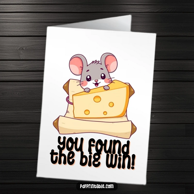 Funny Free Printable Congratulations Card: A surprised mouse stumbles upon a giant piece of cheese on a scroll.