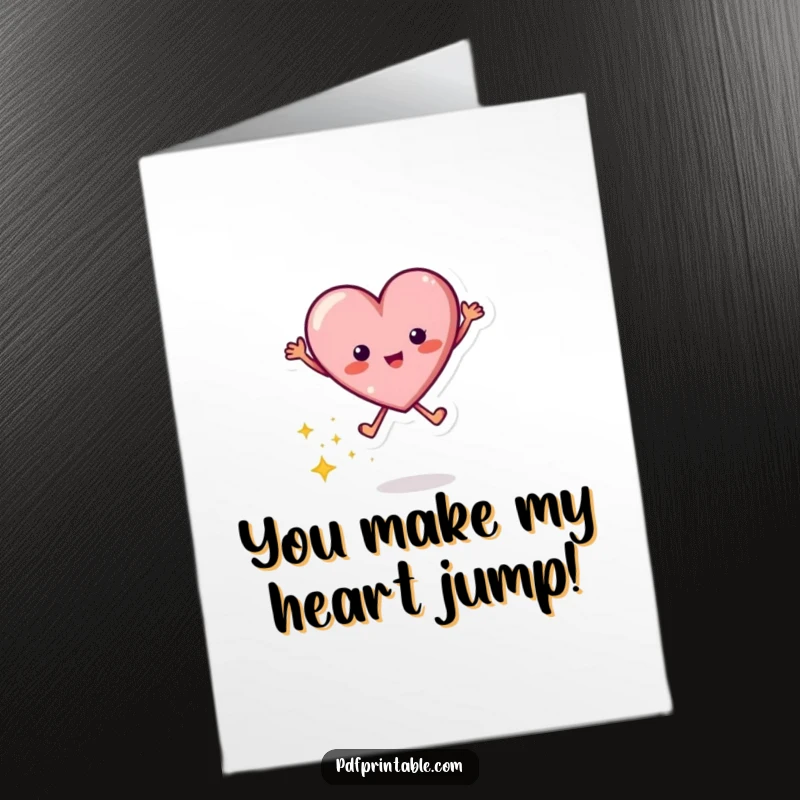 Funny free printable congratulations card with a jumping heart character leaving a trail of bright sparkles, celebrating success.