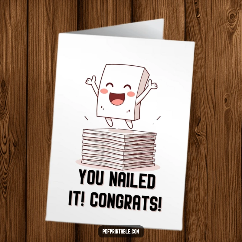 Funny Free Printable Congratulations Card: A paper character joyfully leaping from a stack of papers, marking a moment of triumph.