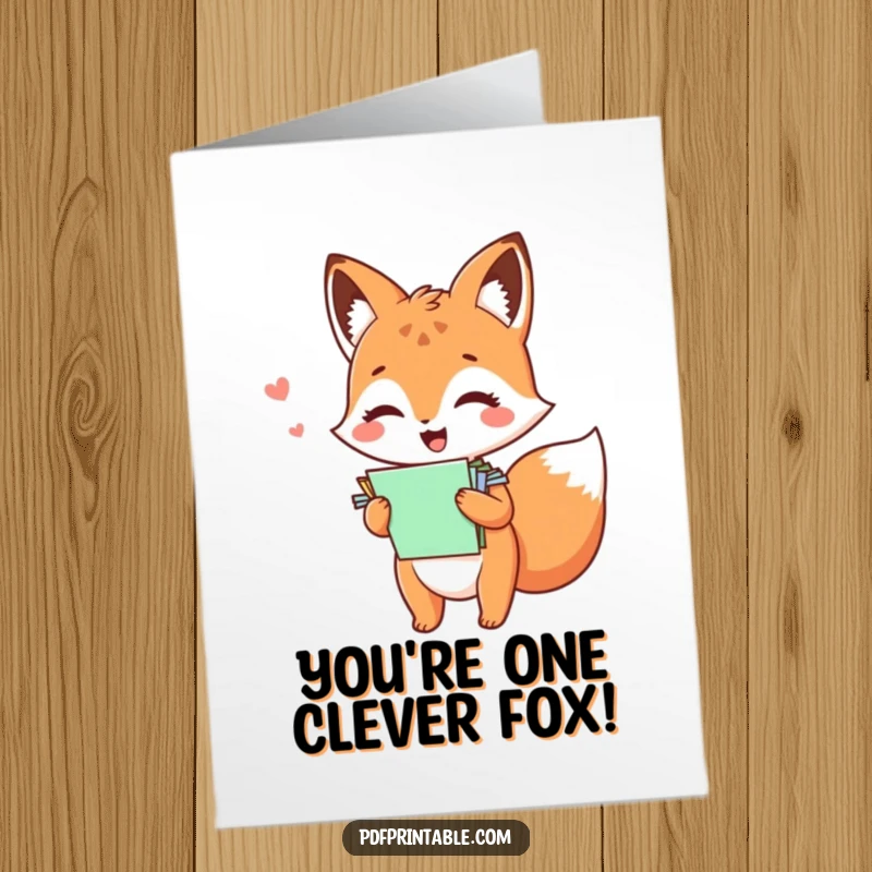 Funny Free Printable Congratulations Card: A kawaii fox giggles gleefully, balancing a colorful stack of papers.