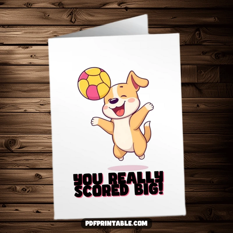 Funny Free Printable congratulations card: a happy dog joyfully bounces a colorful ball high in the air, marking a wonderful success.