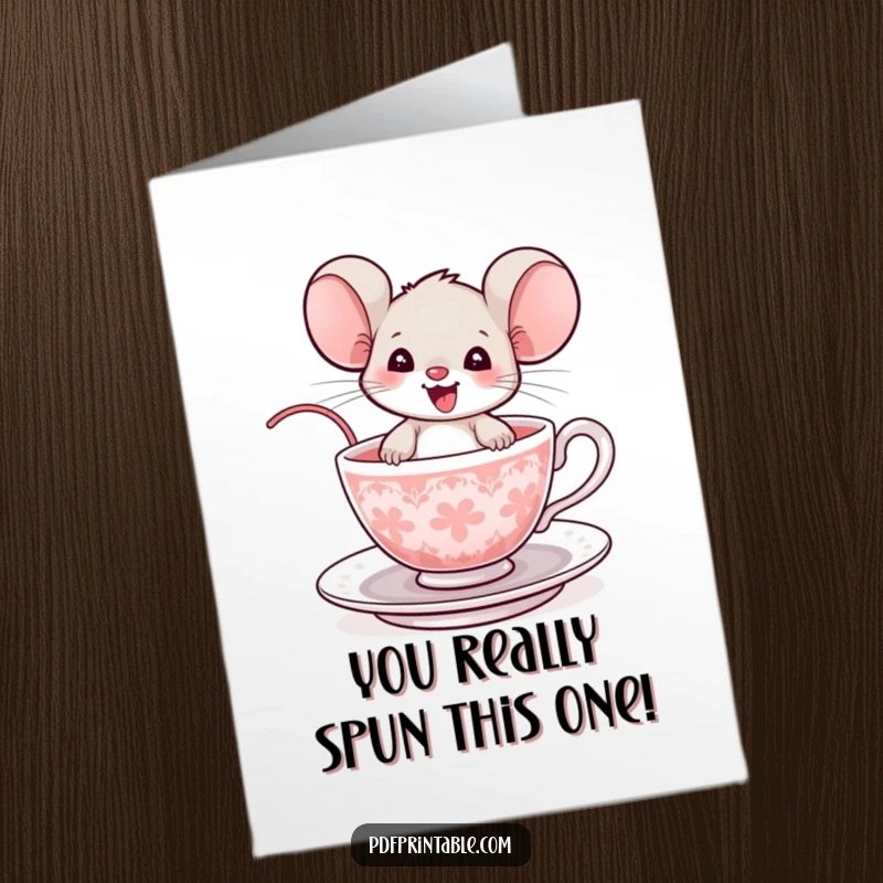 Funny Free Printable Congrats Card: A delighted mouse celebrates in a tiny teacup, perfect for congratulating someone special.