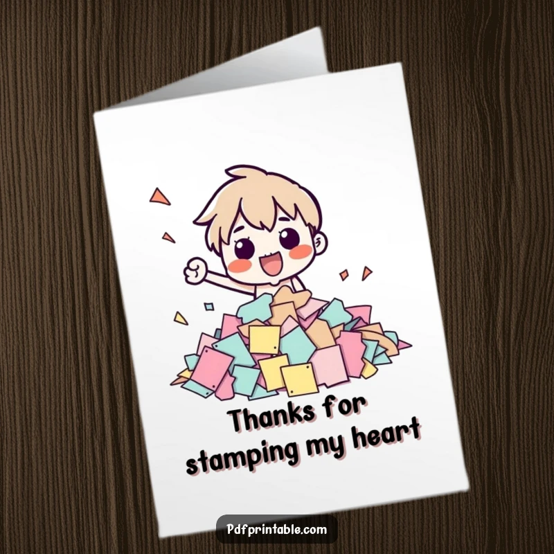Funny Free Printable Thank You Card showing a character stamping papers with enthusiasm. Great for DIY gifts and digital download.