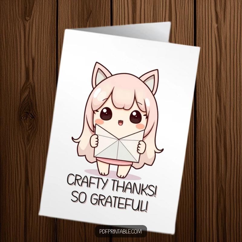 Funny Free Printable Thank You Card: Kawaii character surprised, proudly holding a paper craft, expressing thanks humorously.