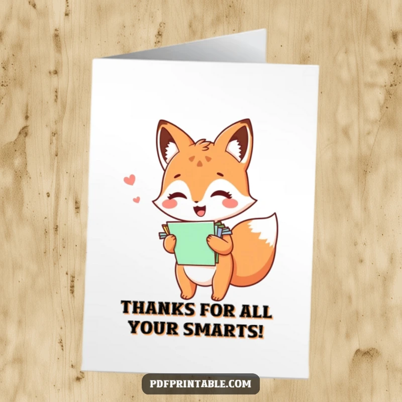 Funny Free Printable Thank You Card: A kawaii fox laughs hysterically while holding a tall stack of colorful papers.