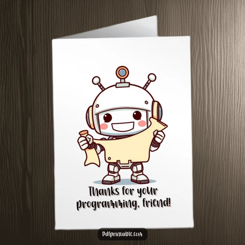 Grinning robot holding a scroll with a thank you message, free printable card.