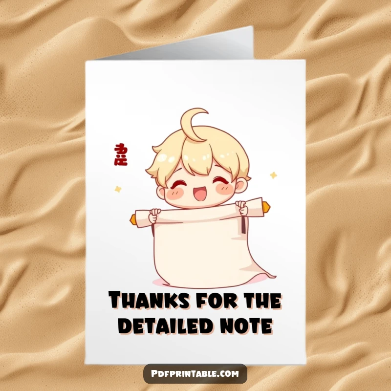 Funny Free Printable Thank You Card: A character joyfully unfurls a long scroll, conveying a massive thank you with enthusiasm, downloadable.