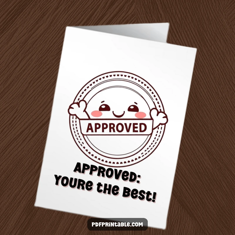 Funny Free Printable Thank You Card with a happy character joyfully stamping an Approved seal on a thank you note.