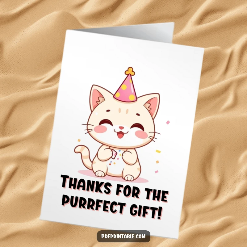 Funny Free Printable Thank You Card: A happy cat in a party hat tosses confetti from a small popper, expressing gratitude.