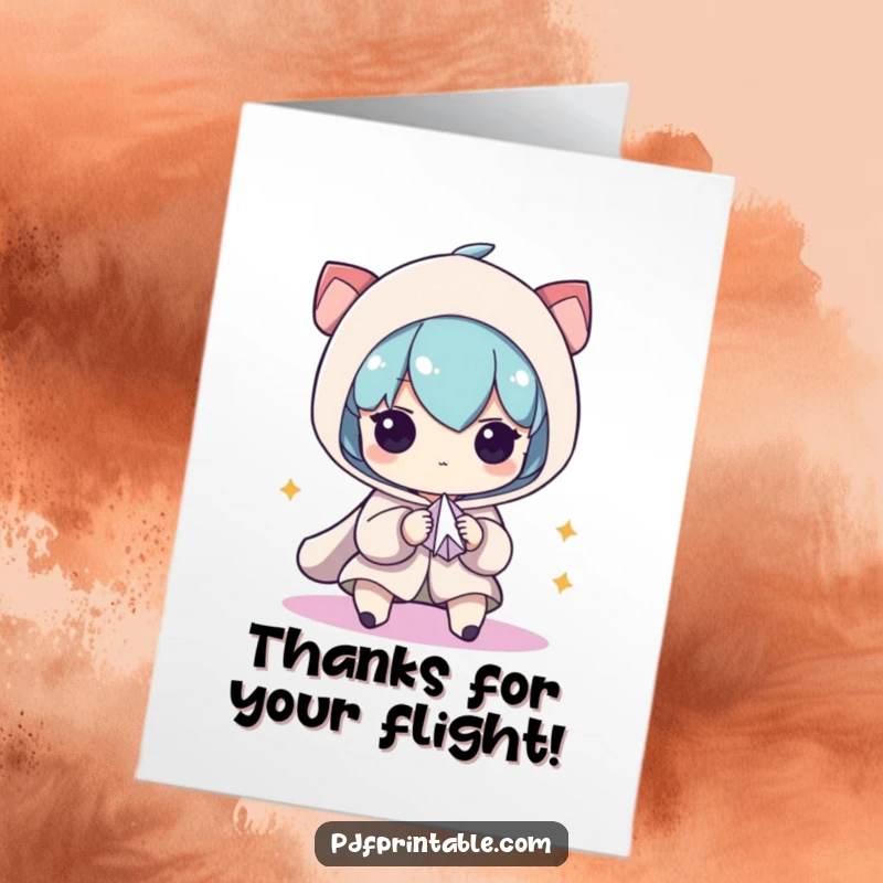 Funny Free Printable Thank You Card: Character concentrating on folding a small paper airplane with dedication.