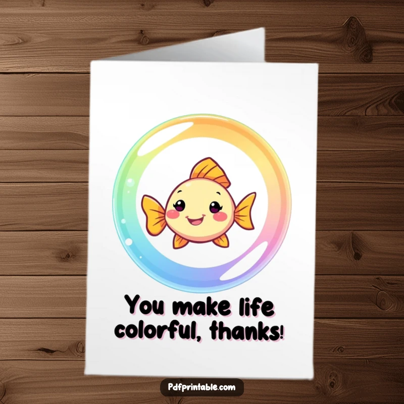 Funny Free Printable Thank You Card: A smiling fish travels through a rainbow bubble, delivering heartfelt thanks.
