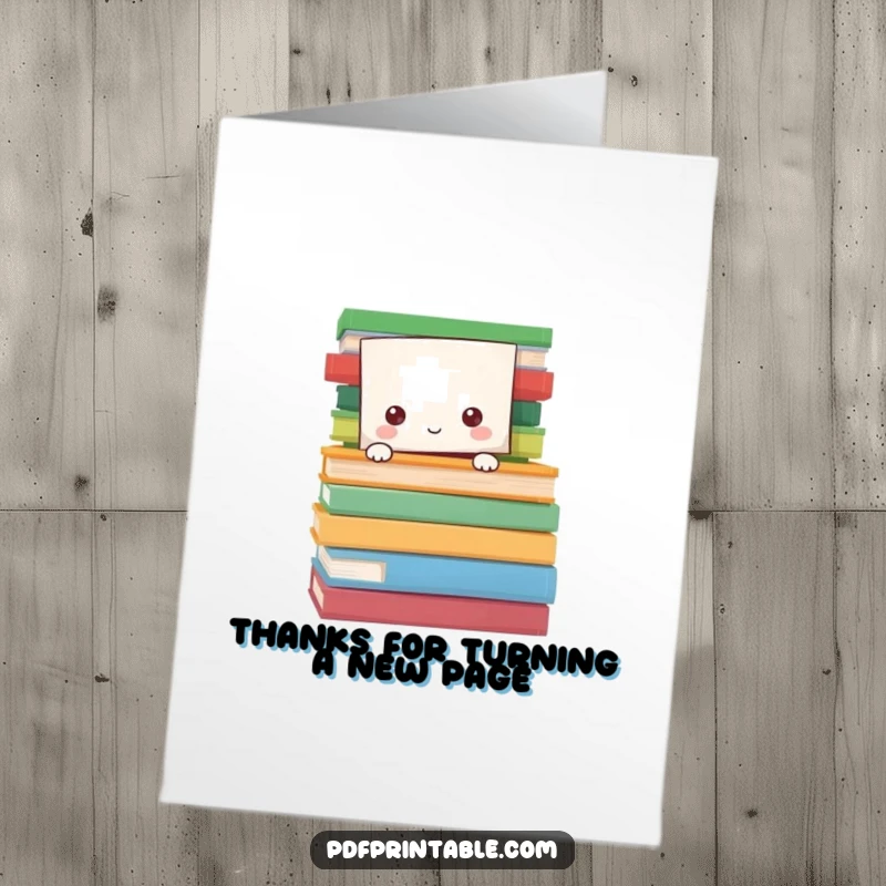 Funny Free Printable Thank You Card: A paper character peeks from behind colorful pages, offering thanks with a cute, humorous surprise.