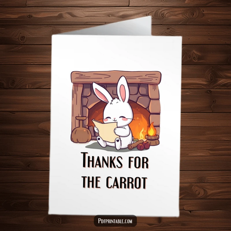 Funny Free Printable Thank You Card: Content rabbit reading by fireplace offers a warm and cozy thank you.