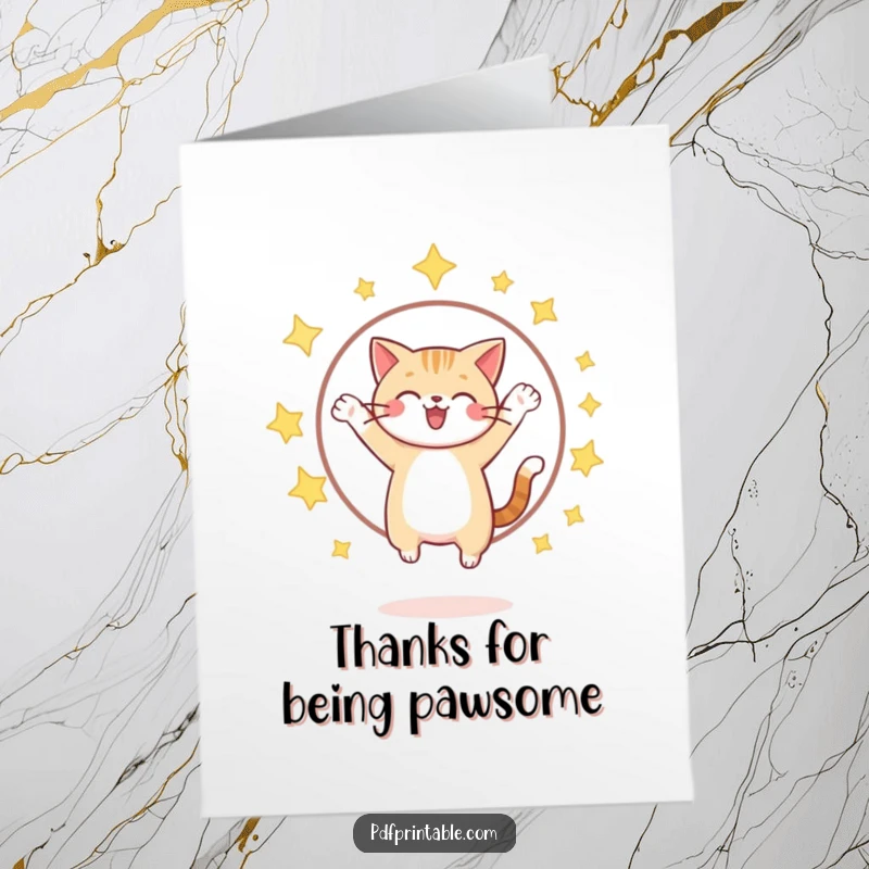Funny Free Printable thank you card: a cheerful cat performs a star hoop jump, sending gratitude with a whimsical and fun flair.