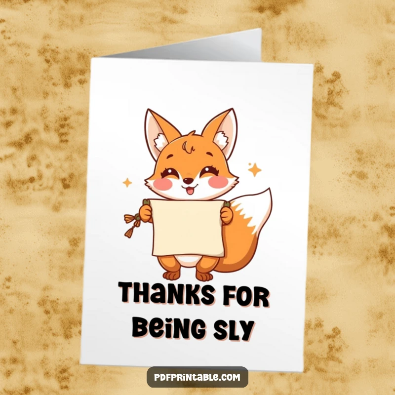 Funny Free Printable Thank You Card: Cheerful fox presents a scroll with a flourish to express thanks.