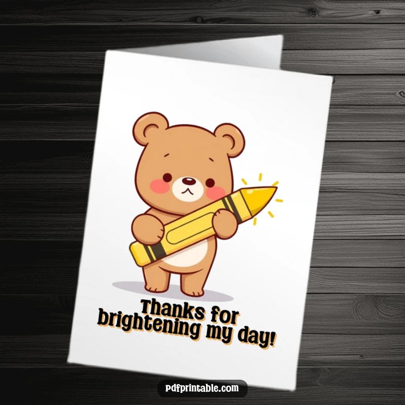Funny Free Printable Thank You Card: A kawaii bear uses a giant crayon to draw a happy, smiling sun.