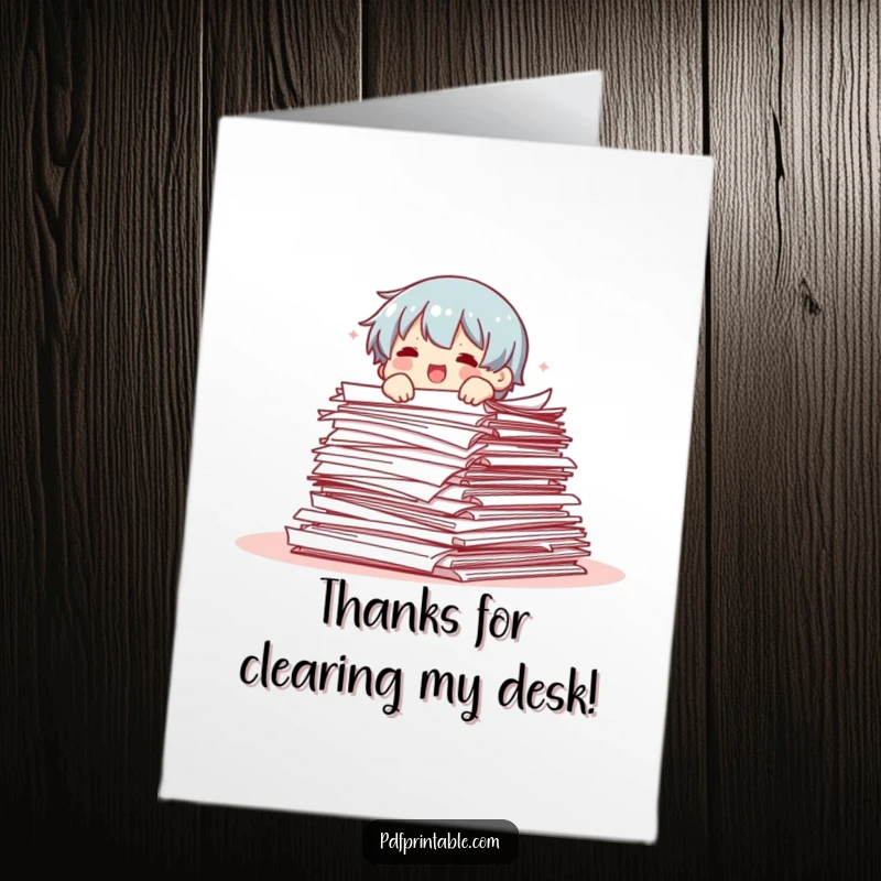 Funny Free Printable Thank You Card: Character looking relieved after being saved from an avalanche of documents, conveying deep gratitude.