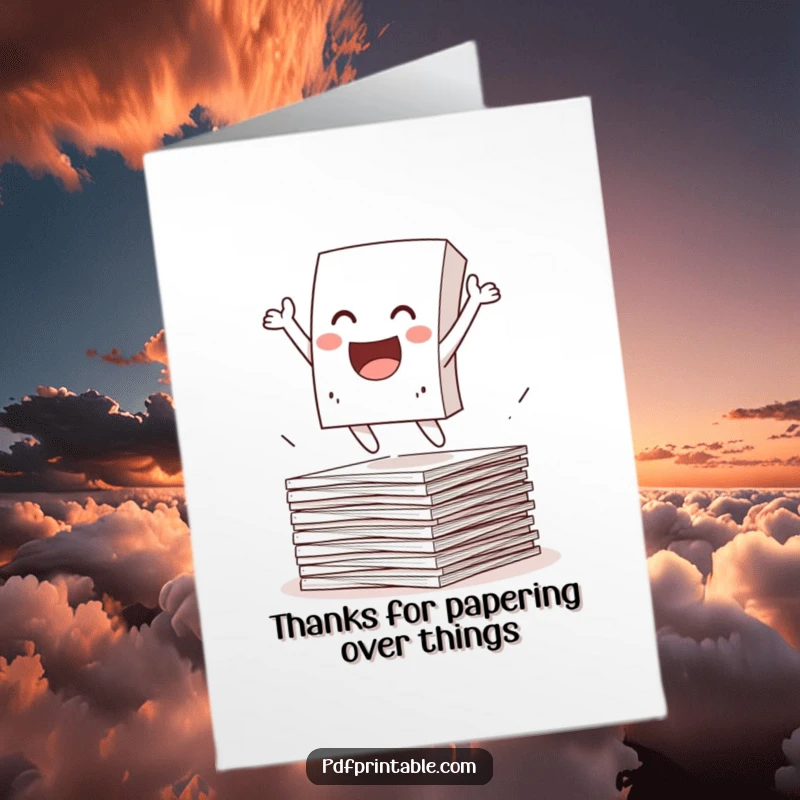 Funny Free Printable Thank You Card: A paper character leaping excitedly from a stack of papers, conveying enthusiastic gratitude.