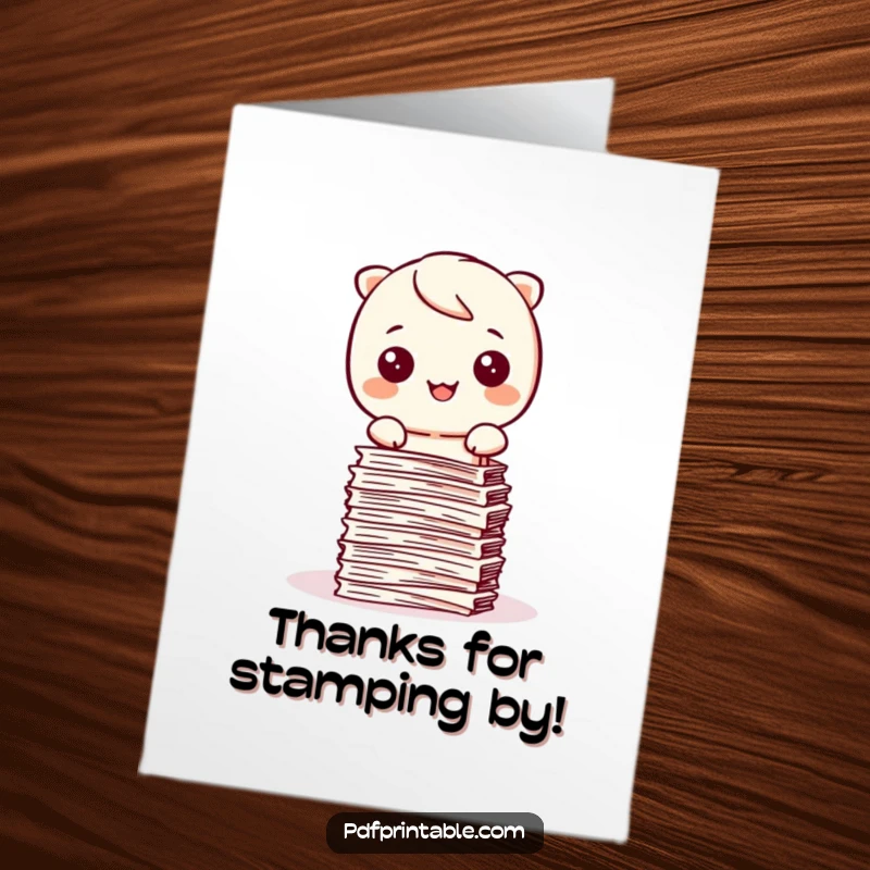 Funny Free Printable Thank You Card: Kawaii character neatly stamping a pile of paper, showing gratitude.