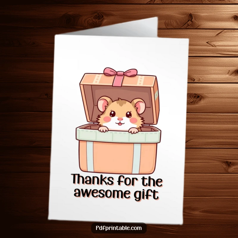 Funny Free Printable Thank You Card: A curious hamster peeks from a gift box, offering a small but heartfelt thanks.