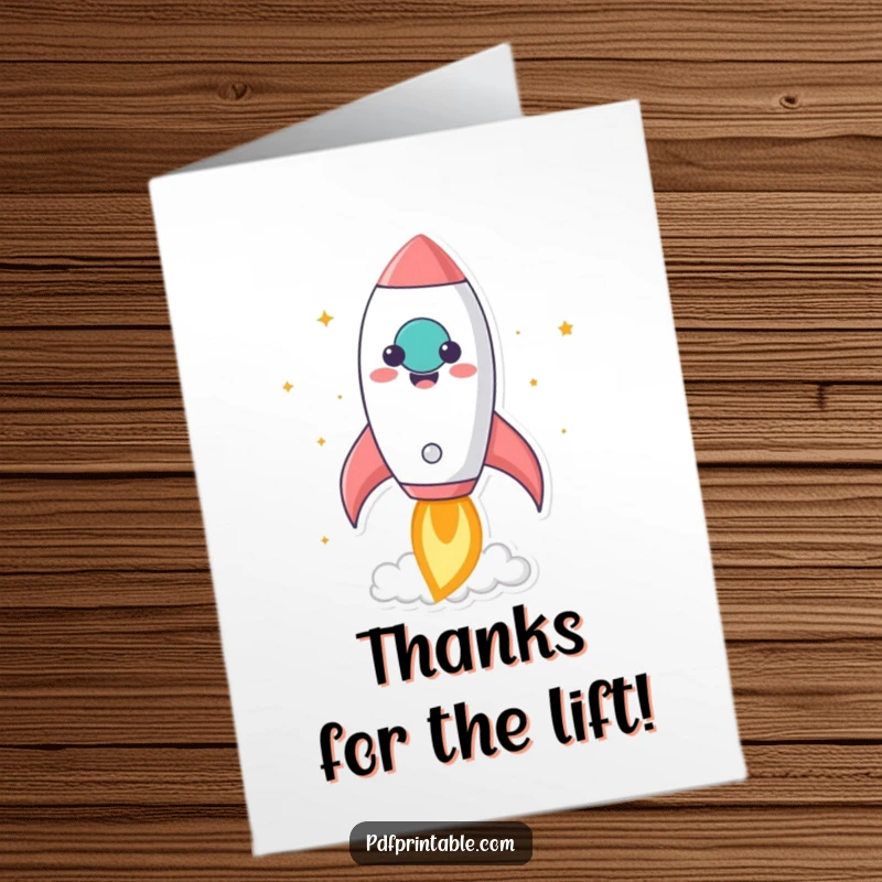 Funny Free Printable Thank You Card: A kawaii rocket character blasts off from a smiling paper, sending thanks and good wishes.