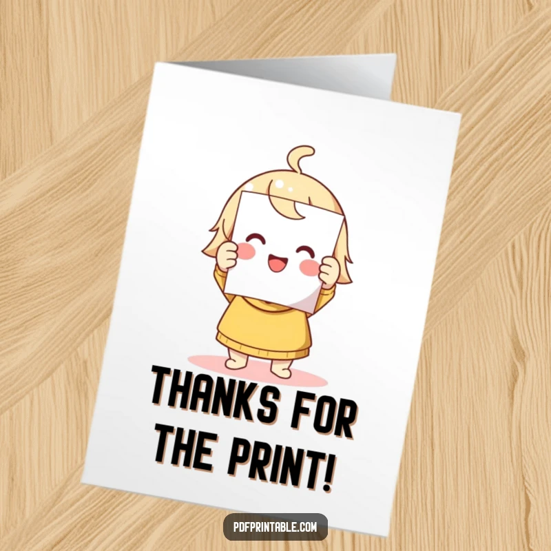 Funny Free Printable Thank You Card featuring a cute character triumphantly holding a freshly printed page, smiling with pride.