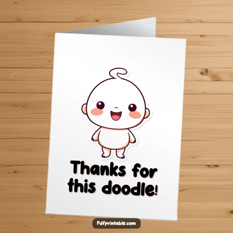 Funny Free Printable Thank You Card: Happy character holding up a simple, charming doodle artwork with a joyful expression.