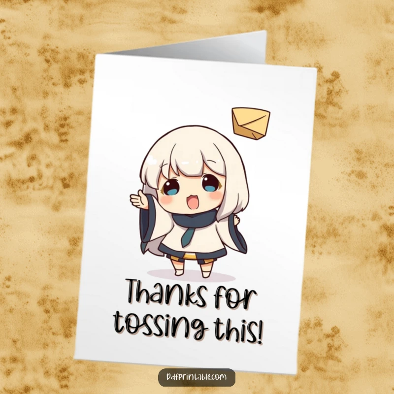 Funny Free Printable Thank You Card: Character in mid-throw tossing a small folded paper object, radiating playful thanks.