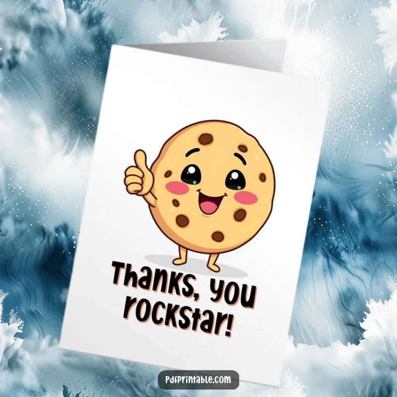 Funny Free Printable Thank You Card of a friendly cookie character, sending warm appreciation with a wink.