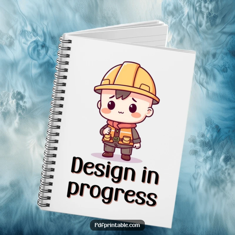 Funny notebook cover featuring a character in a tiny construction hat building with printable shapes, encouraging creative planning.