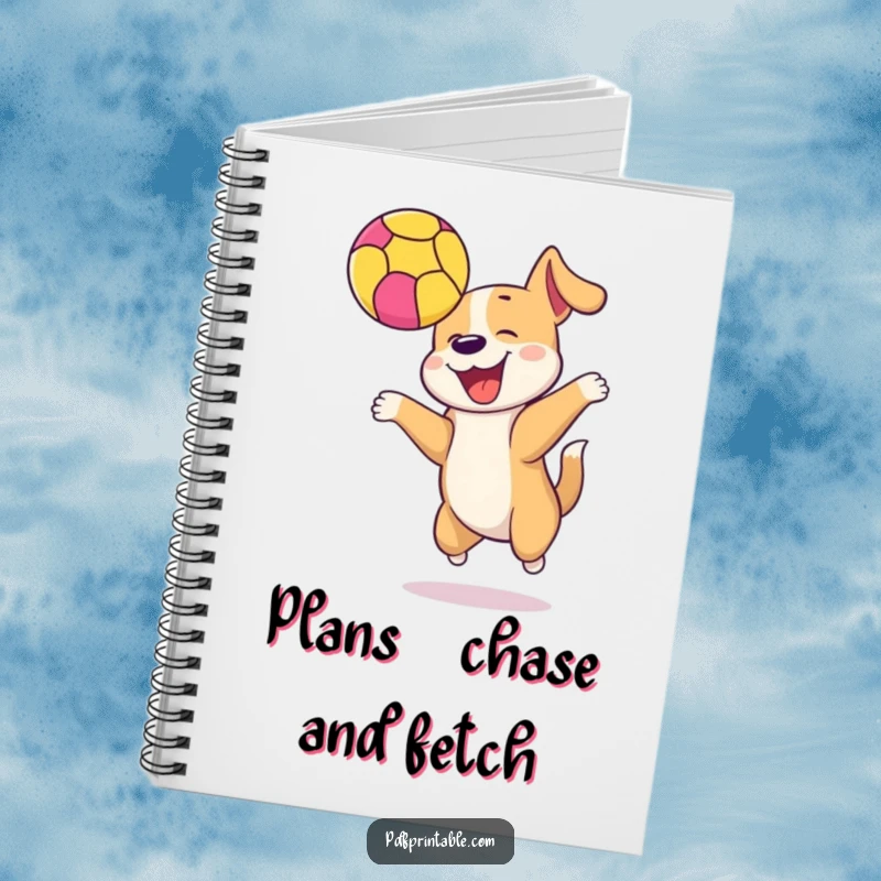 Funny dog bouncing a colorful ball high in the air on a notebook cover, ideal for jotting down playful and funny thoughts.