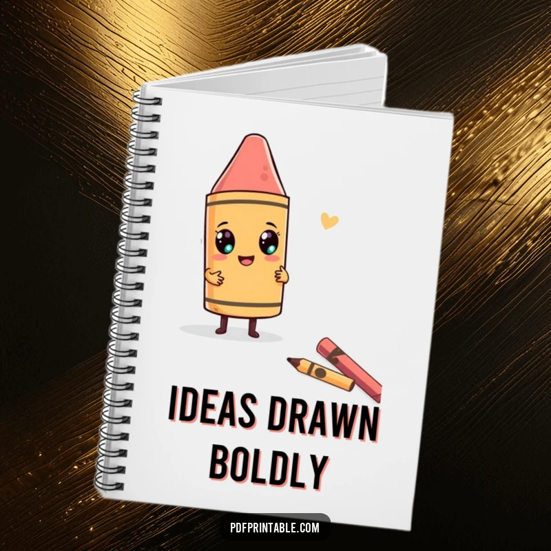 Funny Notebook with a character using a giant crayon to draw a funny, abstract shape, symbolizing playful creativity and ideas.