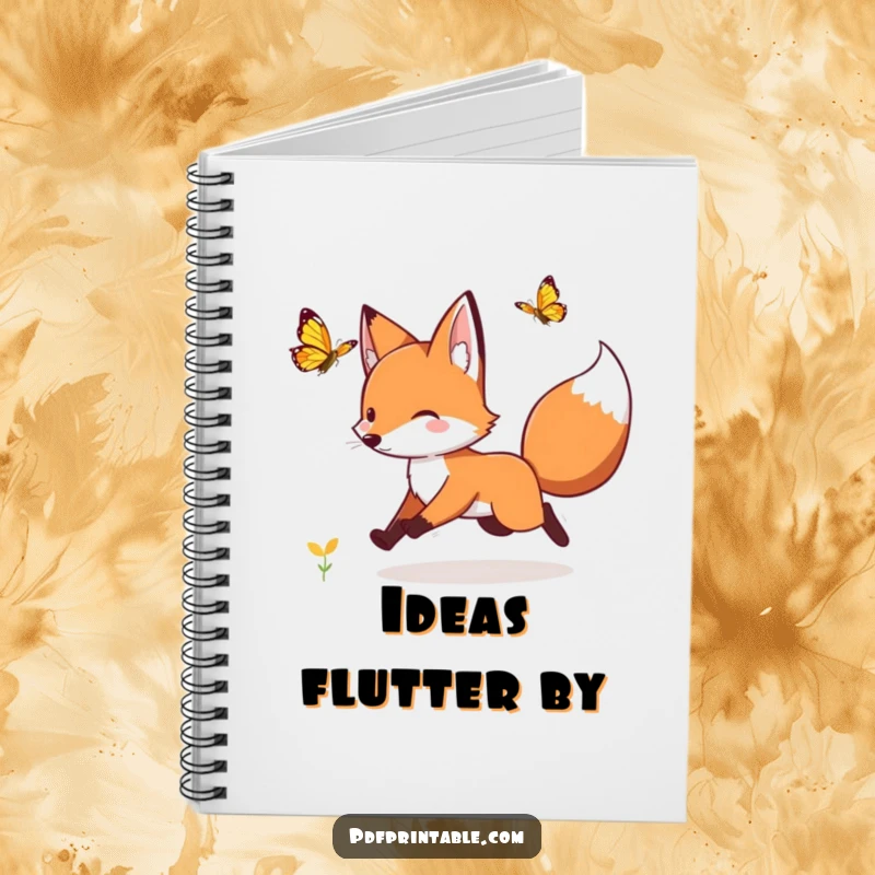 Funny fox chasing a fluttering butterfly on a notebook cover, ideal for jotting down whimsical and funny thoughts.