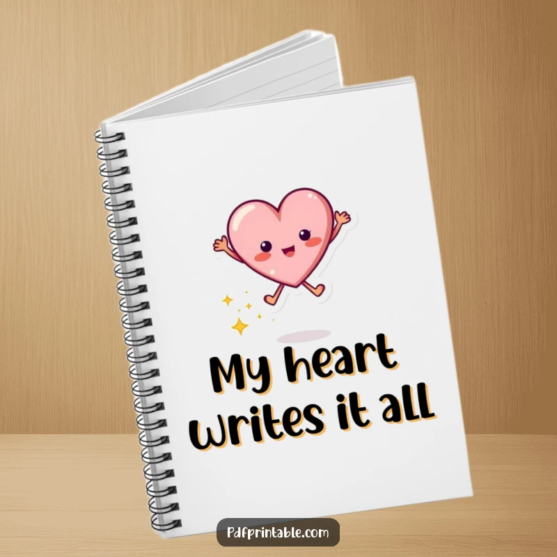 Funny notebook cover featuring a dynamic jumping heart character leaving a trail of shimmering sparkles, ideal for note-taking.