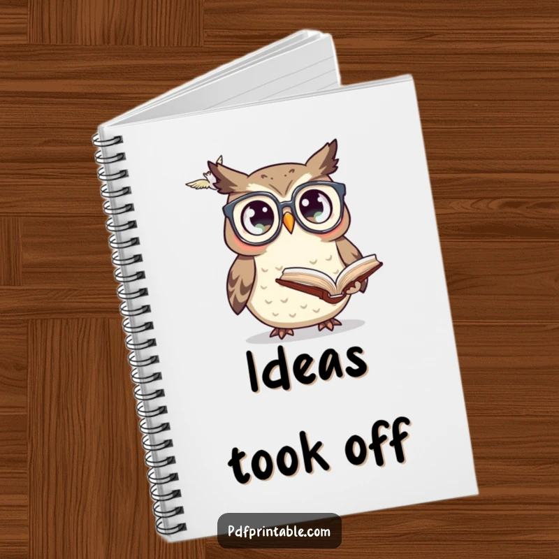 Funny owl with glasses looking at a flying book on a notebook cover, ideal for jotting down wise and funny thoughts.