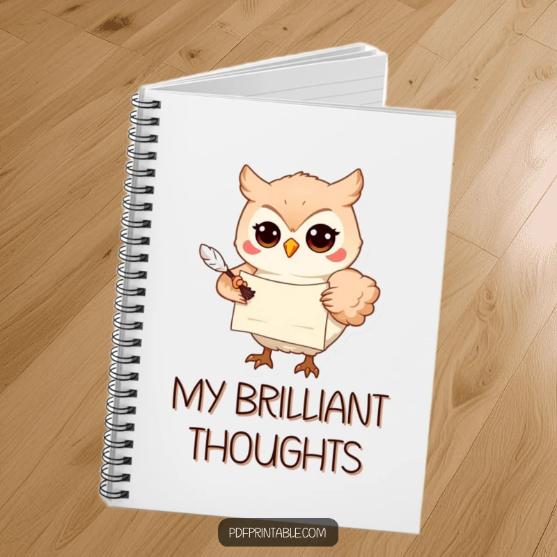 Funny Notebook: A playful owl with a scroll and quill delivers wisdom, perfect for jotting down thoughts with intelligent and humorous flair.