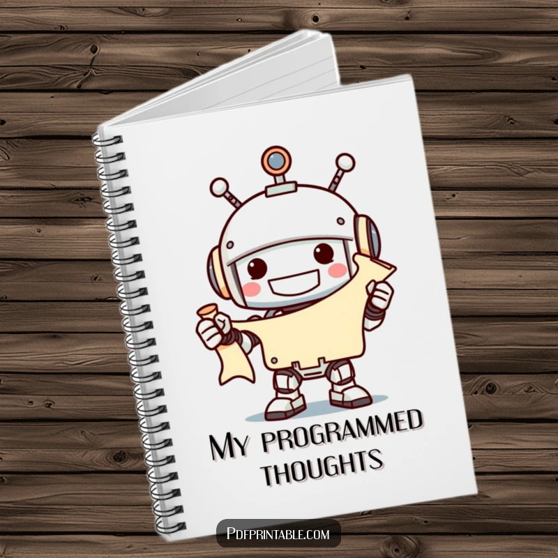 Funny grinning robot holding an unfurled scroll with a smile, on a notebook cover, perfect funny gift.