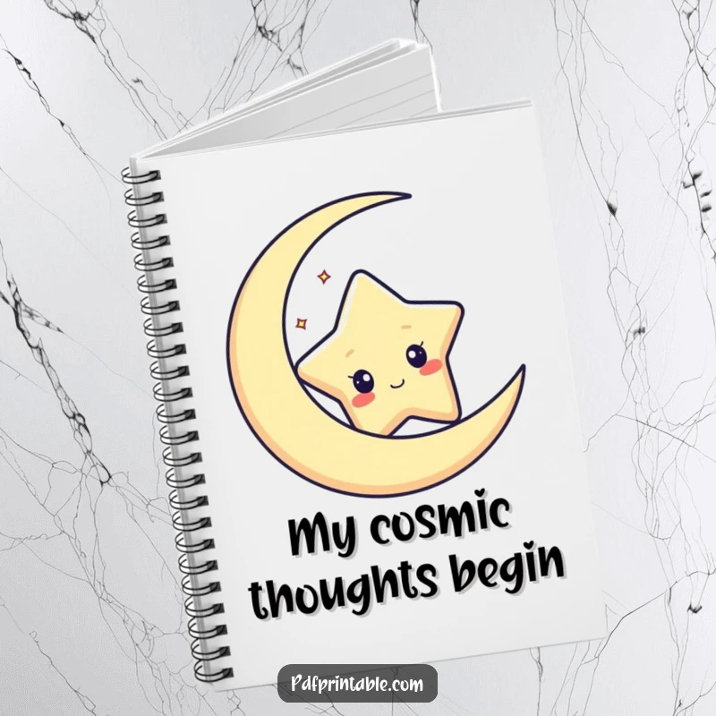 Funny notebook cover featuring a curious star character peeking from behind a crescent moon, perfect for note-taking.