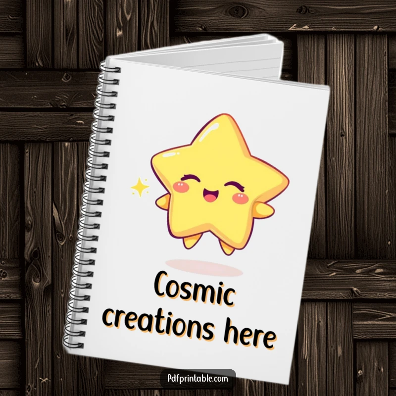 Funny Notebook with a playful star character winking while drawing a sparkly trail, ready for your notes.
