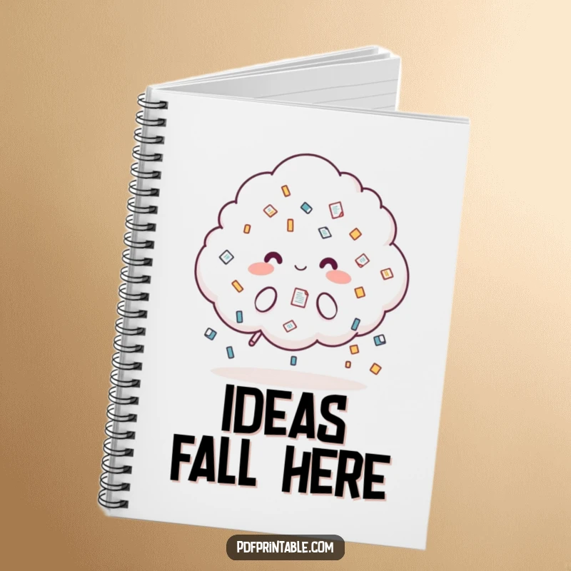 Funny Notebook: A cute cloud character raining document icons, inspiring organized notes with a touch of whimsical office humor.