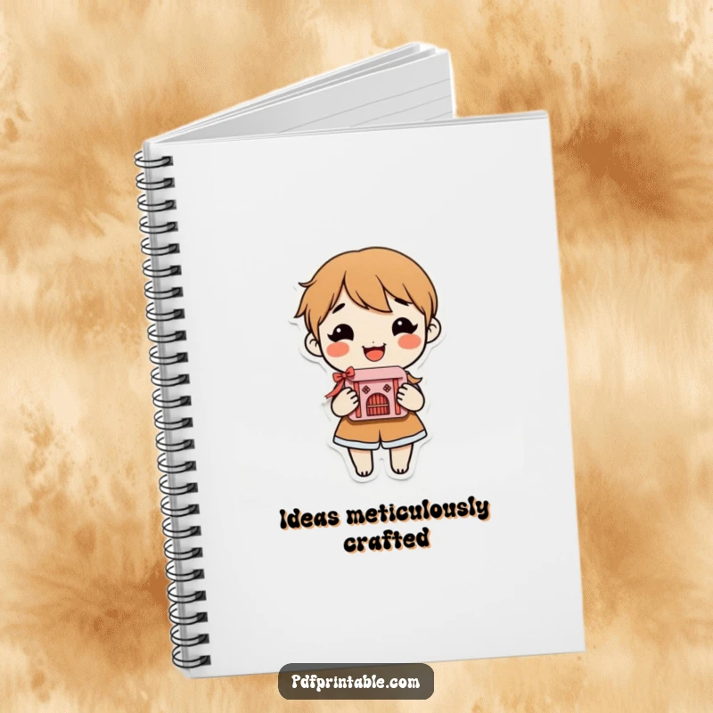 Funny Notebook with a smiling character proudly holding a complex, finished paper craft, symbolizing creative achievement and happiness.